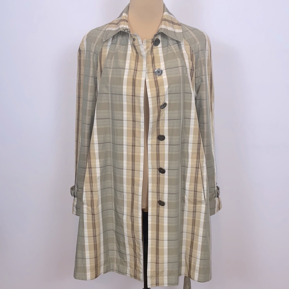 Banana Republic Olive Tan Cream Plaid Trench Rain Coat Size S - Picture 10 of 13